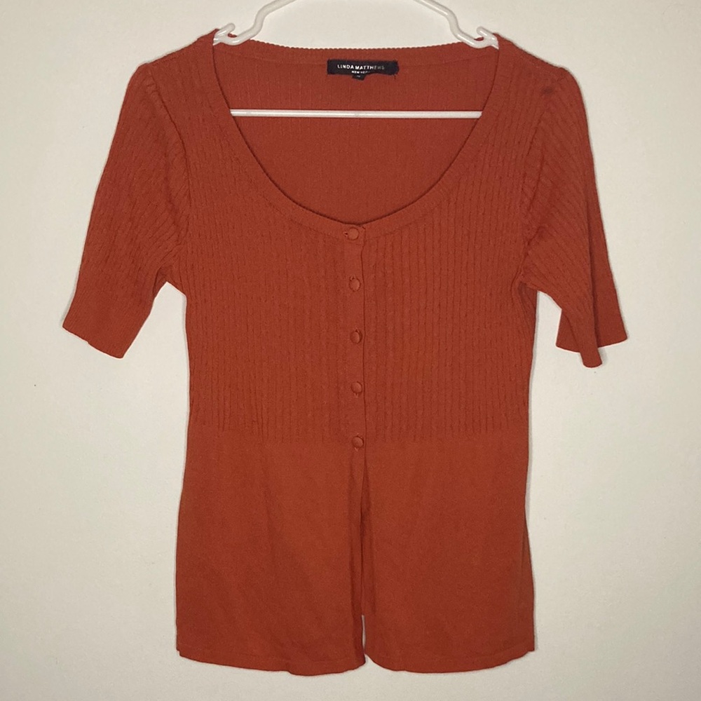 Linda Matthews New York Burnt Orange Button-Up Cable knit Babydoll Top